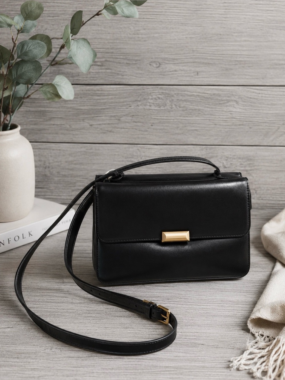 Classic Black Leather Crossbody Purse with Gold Accent | Worthington